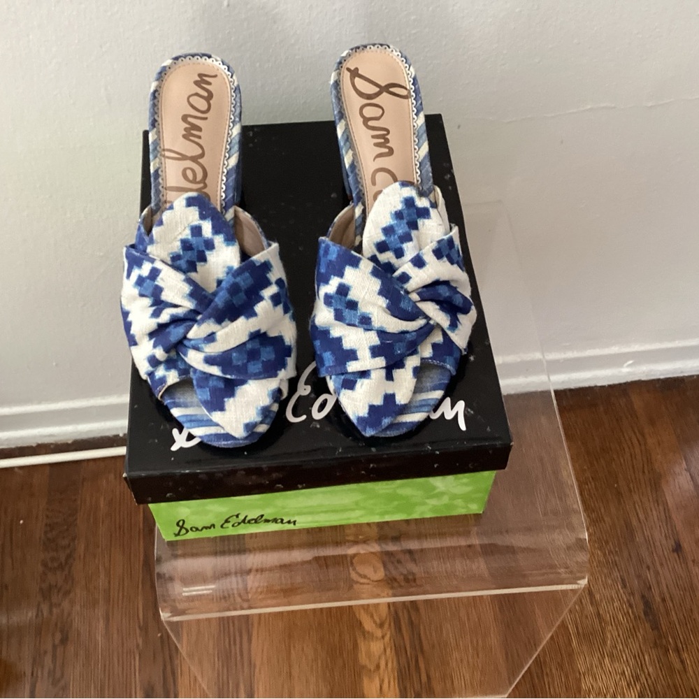 Sam Edelman Blue and White Patterned Mules